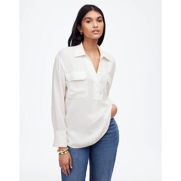 Madewell Contrast-Stitch Popover Shirt WMNS S Winter White Long Sleeve Stretchy - Picture 1 of 8